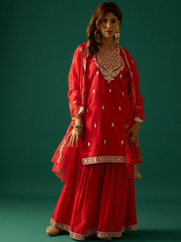 Zari Work Kurta With Sharara And Dupatta